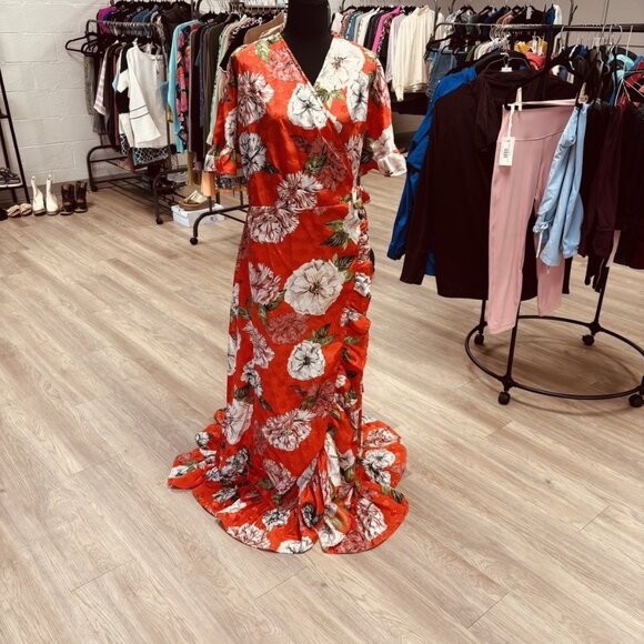 ASOS Red Floral Ruffle Maxi Wrap Dress Size 14 - Picture 1 of 4